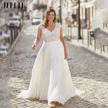 Классические свадебные платья JEHETH, большие размеры, с короткими рукавами, с V-образным вырезом, платья для невесты, Шифоновые, сексуальные, с аппликацией трапециевидной формы, без спинки, vestidos de novia