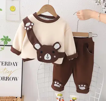 Комплект одежды для маленьких мальчиков Осень Зима, детские милые бархатные теплые кофты с мультяшным медведем, брюки, костюмы из 2 предметов, одежда для маленьких детей