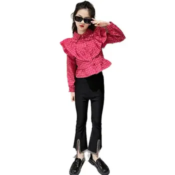 Комплект одежды Для маленьких девочек, Элегантные Красные Клетчатые Блузки С рюшами + Расклешенные Брюки, Модный Корейский Костюм-двойка, Осенние Детские Наряды