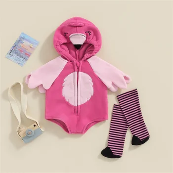 Комплект одежды с мультяшными птицами для маленьких девочек, ползунки с длинными рукавами и капюшоном на молнии, топы с крыльями + носки, милая одежда для новорожденных 0-24 месяцев