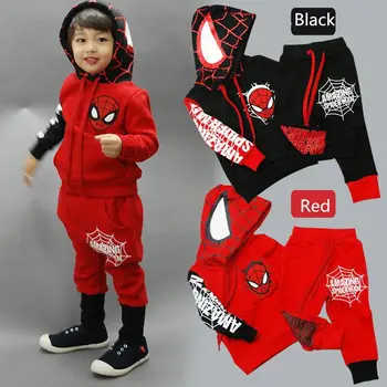 Комплект толстовки для мальчиков, детский свитер с цветными блоками, брюки с капюшоном супергероя, комплект из двух предметов, комплект одежды для маленьких девочек, детская одежда