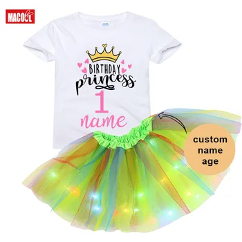 Комплект футболок для вечеринки в честь дня рождения принцессы, наряды для девочек на день рождения, платье-пачка, комплект принцессы, легкое платье + футболка, светящаяся юбка от 2 до 9 лет