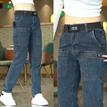 Корейские мужские узкие джинсы Y2k, винтажные синие джинсовые брюки-карго, Карманы, Повседневная уличная одежда, джинсовые брюки, мужская одежда, Новинка