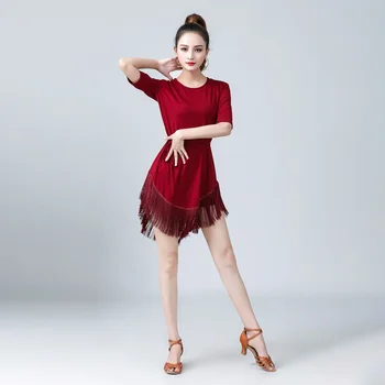 Красное платье для латиноамериканских танцев со средним рукавом, цельное платье для латиноамериканских танцев с кисточками, женские костюмы для бальных танцев, танго, Румбы