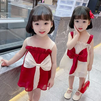Красное платье на подтяжках для девочек, Летнее Детское платье с открытыми плечами и бантом, Платье Принцессы для девочек, Повседневные Милые платья для отпуска 1-5 лет