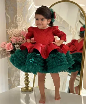 Красное платье с блестками и зеленое Платье для рождественской фотосессии для девочек, детское платье-пачка с круглым вырезом и длинным рукавом, семейные рождественские фотографии для девочек