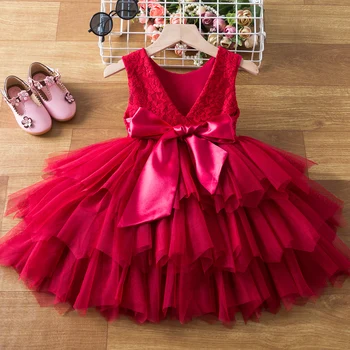 Красное рождественское платье для девочек 2-6 лет, кружевное детское платье принцессы на день рождения, элегантное свадебное платье для вечеринки, детское рождественское платье