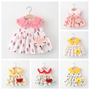 Летнее детское милое платье, комплект из 2 предметов, юбка без рукавов с принтом для девочек + мультяшная сумка, удобная хлопковая одежда свободного кроя для малышей