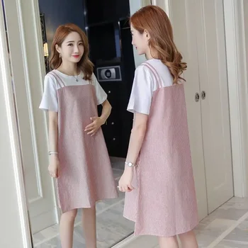 Летнее модное Корейское платье для беременных в стиле пэчворк, элегантная одежда для беременных, милая одежда для беременных с короткими рукавами