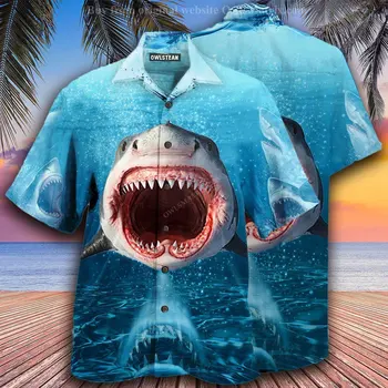 Летние Рубашки С 3D Печатью, Мужские Рубашки С Рисунком Акулы И Животных, Мужская Уличная Пляжная Одежда Для Вечеринок, Топы С коротким Рукавом, Мужские Рубашки