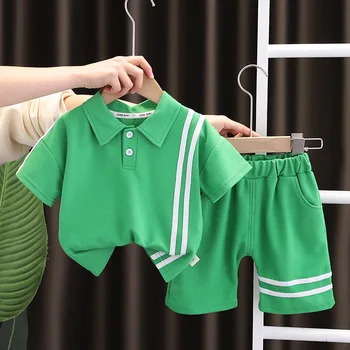 Летний комплект хлопчатобумажной одежды для маленьких мальчиков 2023 года, детская футболка в полоску + шорты, 2 предмета для детей, повседневная одежда, спортивные костюмы для мальчиков
