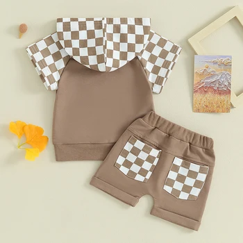Летний короткий комплект для маленьких мальчиков, рубашка с капюшоном с короткими рукавами, топ в лоскутную клетку, шорты с завязками, летняя одежда