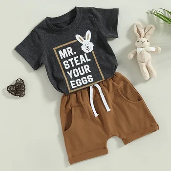Летняя детская Пасхальная одежда из 2 предметов, топы с короткими рукавами и принтом Кролика + Шорты с карманами, Комплекты праздничной одежды.