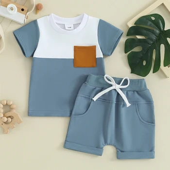 Летняя одежда для маленьких мальчиков в цветном блоке, футболки с короткими рукавами, шорты, комплект одежды для малышей от 3 6 9 12 18 24 месяцев до 2 лет