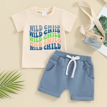 Летняя Одежда для малышей и мальчиков, футболки с буквенным принтом, топы с коротким рукавом, шорты с эластичной талией, комплект одежды из 2 предметов