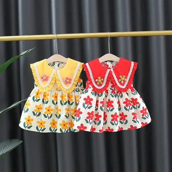 Летняя юбка для девочек, новая детская одежда, кружевное платье с откидным воротником, платье-майка с Корейским принтом, платье с цветочным рисунком