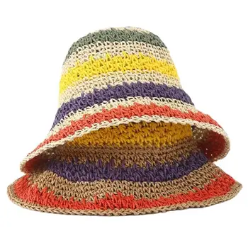 Лучшая летняя солнцезащитная шляпа с бантом, пляжные шляпы с козырьком, Радужные соломенные кепки, вязаные вручную, Женская солнцезащитная кепка для отдыха в Богемии