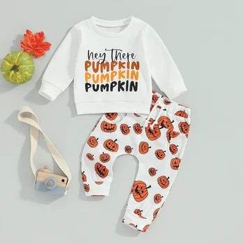 Милый детский наряд из 2 предметов, толстовка с длинным рукавом с буквенным принтом и штаны с принтом тыквы, комплект осенней одежды для новорожденных