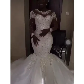 Мода Африка Черные женщины цветочная аппликация Рыбий хвост Свадебное платье с длинным рукавом Плюс размер Сексуальные свадебные платья Русалки 2024