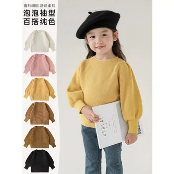 Модная одежда для девочек, осень 2023, новый детский Корейский однотонный свитер, детский топ