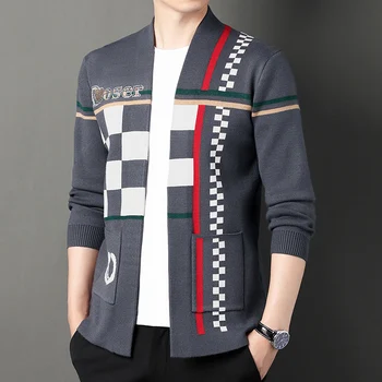 Модный Мужской кардиган с рисунком в виде шахматной доски, вязаный свитер, контрастная повседневная одежда в полоску, High Street 2023
