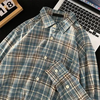 Мужская весенняя хлопковая рубашка в контрастную клетку с длинным рукавом и одним карманом, Летние повседневные рубашки стандартного кроя на пуговицах B179
