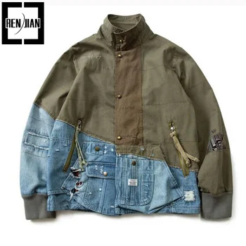 Мужская джинсовая куртка с заплатками в стиле харадзюку, модная уличная джинсовая куртка в стиле хип-хоп в стиле пэчворк, верхняя одежда