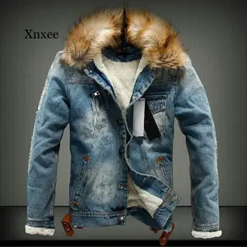 Мужская джинсовая куртка с меховым воротником, джинсовая куртка и пальто из рваного флиса в стиле ретро на осень-зиму S-6Xl