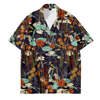 Мужская рубашка Aloha, летняя повседневная пляжная рубашка с коротким рукавом и принтом Лотоса, свободный топ большого размера