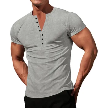 Мужская трикотажная стрейчевая рубашка Henley для тренировок, облегающие футболки с коротким рукавом, спортивная повседневная футболка для мышц, свободная уличная одежда, универсальные футболки