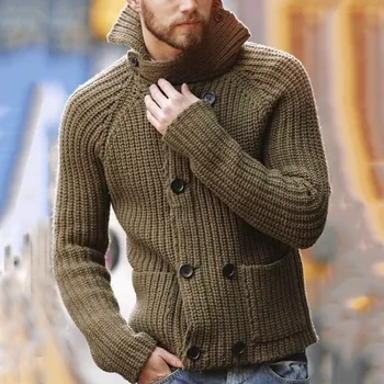 Мужские куртки-свитера с высоким воротом, осенне-зимние Новые двубортные вязаные пальто-свитера с длинными рукавами