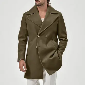 Мужское пальто-кардиган, двубортное мужское зимнее пальто средней длины с теплыми карманами, отложным воротником, однотонное для осени