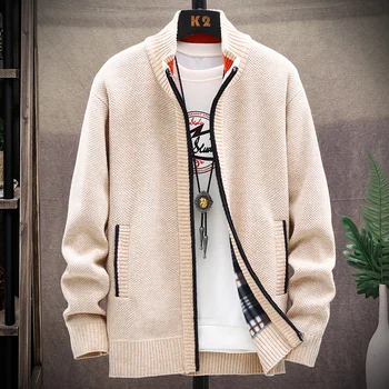 Мужской кардиган-свитер, верхняя зимняя утепленная однотонная повседневная шерстяная куртка на молнии со стоячим воротником, повседневный кардиган-свитер