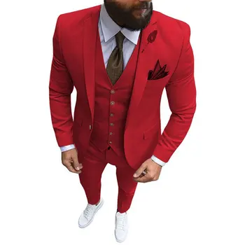 Мужской костюм, комплект из 3 предметов, красное Черное бутик-деловое банкетное свадебное платье на одной пуговице, элегантный мужской блейзер, костюмы (куртка + брюки + жилет)