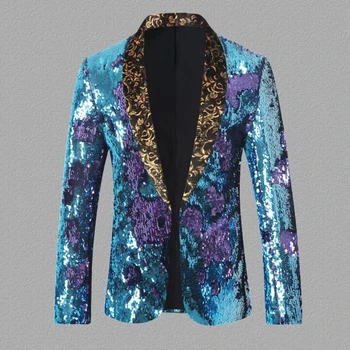Мужской пиджак с пайетками 2023 Новые модные тенденции высокого качества, платье для ведущего выпускного вечера, элегантное мужское синее приталенное пальто-блейзер