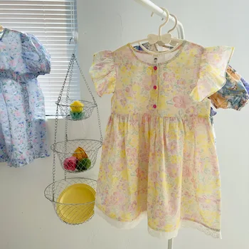 Новая летняя юбка принцессы для маленьких девочек, Мягкое дышащее хлопчатобумажное платье с летящими рукавами, детские наряды с милым цветочным рисунком