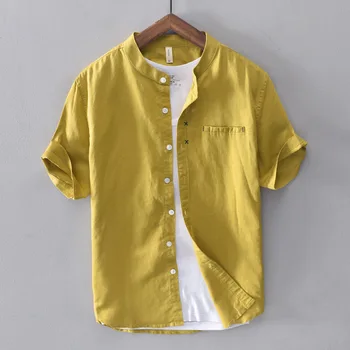 Новейшая мужская хлопчатобумажная льняная рубашка с коротким рукавом и воротником-стойкой, размер M-XXXL, летняя новинка 2023 года, Белая, желтая, серая