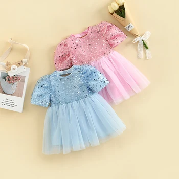 Новое детское праздничное платье, элегантные платья-пачки принцессы с блестками и коротким рукавом из сетчатого тюля для маленьких девочек от 12 месяцев до 5 лет