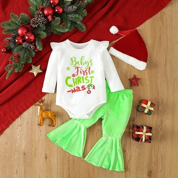 Новорожденный Рождественский комбинезон Grinch с длинными рукавами для новорожденных девочек, боди с буквенным принтом, расклешенные брюки, шляпа, наряды