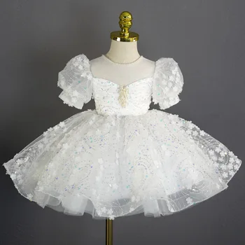 Новые милые платья для девочек в цветочек для свадьбы, аппликации из блесток, белые маленькие праздничные платья для девочек, платья для первого причастия для свадеб