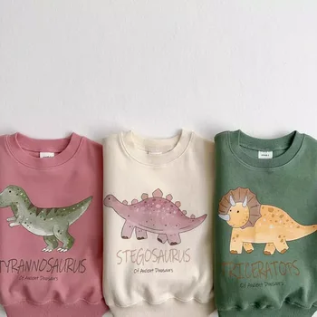 Новые осенние толстовки с мультяшным динозавром для маленьких мальчиков, детская одежда, плотные хлопковые пуловеры, толстовки для маленьких девочек, топы, футболки
