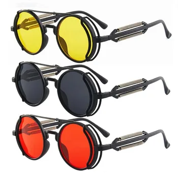 Новые солнцезащитные очки в стиле панк-стимпанк, двойные пружинящие ножки, модные круглые солнцезащитные очки, мужские Брендовые Дизайнерские изделия в готическом стиле