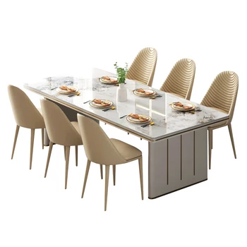 Обеденный стол из каменной плиты, современная простая небольшая квартира высокого класса, обеденный стол, стулья и табуретки, комбинированный семейный обеденный стол