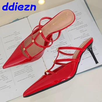 Обувь Туфли-лодочки на тонком каблуке, красные туфли для женщин, слайды 2024, женские шлепанцы-слипоны, Модные женские туфли на высоком каблуке с острым носком и заклепками