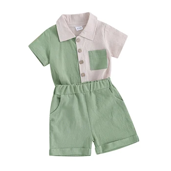 Одежда для маленьких мальчиков из хлопка и льна, летняя одежда для малышей контрастного цвета, рубашки с короткими рукавами, топы и эластичные шорты в комплекте.