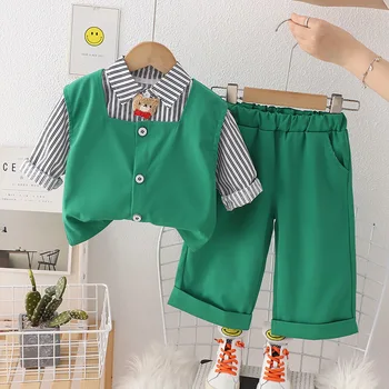 Одежда для маленьких мальчиков, весенне-осенний жилет без рукавов + Рубашки с длинным рукавом в вертикальную полоску + брюки, Детский костюм, комплект детской одежды