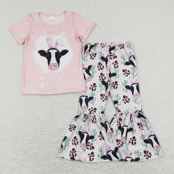 Оптовая продажа Детской Пасхальной одежды, Розовая рубашка с короткими рукавами в стиле Вестерн с коровами, комплект для маленьких девочек, штаны-колокольчики с кактусом, одежда для малышей