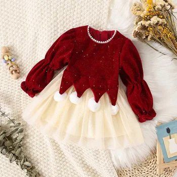 Осенне-зимнее детское платье, Рождественское платье принцессы для девочек, детский сад, Флисовая сетка с пайетками, милая повседневная одежда