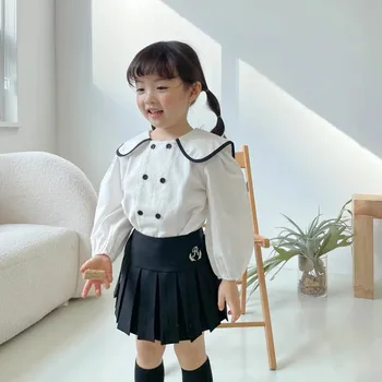 Осенняя рубашка для девочек с длинными рукавами, двубортный осенний топ с лацканами из чистого хлопка для маленькой девочки в западном стиле