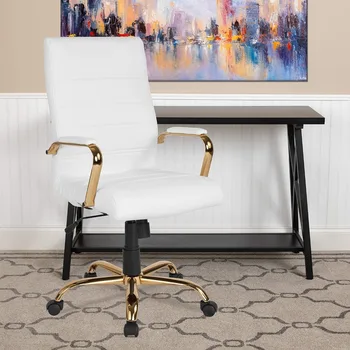 Офисный стул с мягкой поворотной спинкой, мягким сиденьем и подлокотниками, регулируемый по высоте офисный стул с мягкой обивкой, белый / золотой